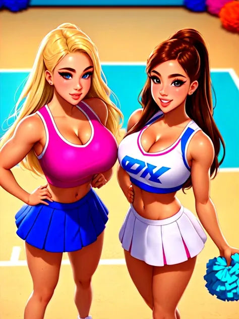 half body photo of 2 young cheerleaders, 2girls, detailed eyes, eyes by Ilya Kuvshinov style, sharp pupils, realistic pupils, perfect face, upper body, small lips, face shot, cleavage, breast focus, from above, masterpiece, best quality, HDR, viewpoint, highest quality, sharp focus, looking at viewer, facing viewer, 8k, sexy cheerleaders outfits, cleavage top, cheers skirt, festival, court, indoor, short dress, holding big pom poms, 2girls, sexy cheerleaders
