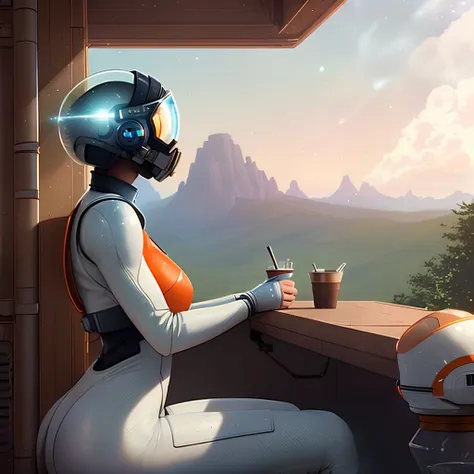 Highly detailed RAW color Photo, Rear Angle, Full Body, of (female space soldier, wearing orange and white space suit, helmet, tined face shield, rebreather, accentuated booty), outdoors, (leaning over a balcony, looking out at advanced alien structure), toned body, big butt, (sci-fi), (mountains:1.1), (lush green vegetation), (two moons in sky:0.8), (highly detailed, hyperdetailed, intricate), (lens flare:0.7), (bloom:0.7), particle effects, raytracing, cinematic lighting, shallow depth of field, photographed on a Sony a9 II, 50mm wide angle lens, sharp focus, cinematic film still from Gravity 2013,