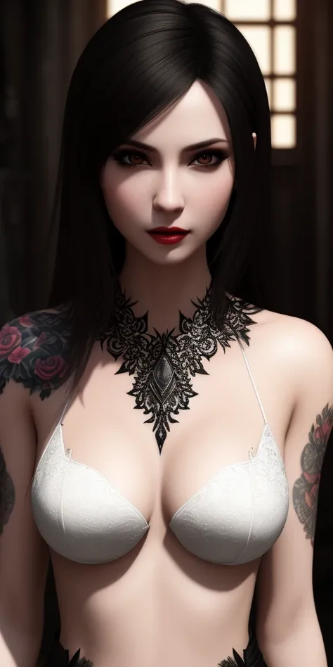 (beautiful woman vampire ),angry ,realistic tattooed pale skin, wideshot, (extremely detailed CG unity 8k wallpaper), tone mapped, highly detailed, beautiful, small details, ultra detailed, best quality, intricate, hyperrealism, sharp, digital illustration, detailed, realism, 4k, 8k, trending on artstation, beautiful lighting, award-winning, photorealistic, realistic shadows, realistic lighting, raytracing, intricate details, rule of thirds, masterpiece, highres, (colorful), cinematic lighting, volumetric lighting, ultra realistic, masterpiece, extremely detailed, tone mapping, color grading, subsurface scattering,