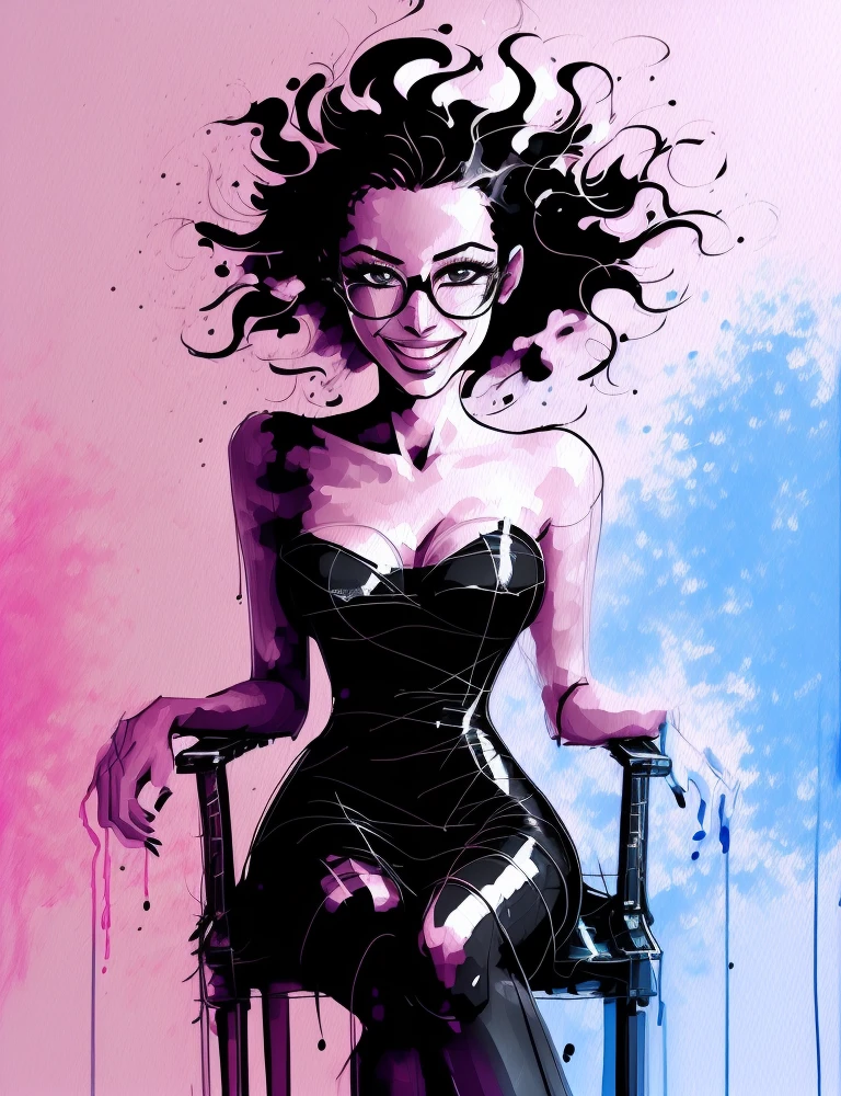((speed painting:1.4)), (vector:1.4), (gouache:1.2), (high contrast:1.2), a women wearing a black latex dress, sadistic smile, glasses, black hair, wild unkempt hair, (dominate pose:1.2), puffy lips, sitting on a chair