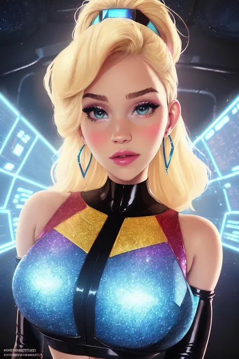 (dreamlikeart style:1.0),( redshift style:1.2),(analog style:1.2), (studio_ghibli_anime_style style:0.9), (copeseethemald style:1.1),(thepit bimbo:1),(glossy sexy bimbo:1), masterpiece, hires,

([Gwen Stefani|Emma Watson]:1.2), young woman, 1girl, solo, fashion, shiny transparent jacket,
latex crop-top, beautifully detailed blue_eyes, smile, short hair, blonde_hair, black gloves, fist,
intricate spaceship, iridescent, chromatic aberration, medium shot,

(psychedelic color:0.7),

cover art, illustration, studio shot,

skin pores, realistic skin, athletic,
smooth skin, subsurface skin scattering, shiny skin, shiny_skin, realistic proportions,
choker, earrings, eyelashes, eyeshadow, lips, lipstick, jewelry, makeup, nose, parted_lips, dancing, navel,
spaceship, futuristic, aliens, galaxy, stars, space, sci-fi, map, lasers, robots,