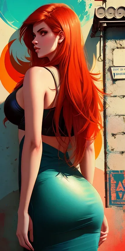 a masterpiece, award winning, best quality, portrait of a gorgeous young woman with a  perfect face, upper body
, wall Graffiti, CCTV, shot from behind of a Revolting slim Brazilian Male Blacksmith, electric orange hair styled as Long flowy hair, Moon in the night, Ultrarealistic, Peaceful, Realism, dramatic lighting, F/2.8, anaglyph effect, [(art by Greg Rutkowski:0.8), (art by Loish:0.7):1]