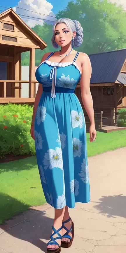 a masterpiece, award winning, best quality, portrait of a gorgeous young woman with a perfect face, upper body
, (art by RHADS:0.8), wall Graffiti, Unreal Engine, medium close-up shot of a Radiant overweight Tlaloc, Bungee jumping, wearing Reiwa Era electric blue Floral maxi dress and sandals, Silver hair styled as Bantu knots, Horseshoe mustache, Handkerchief, background is Arcane Birdhouse, at Dawn, Shock art, Film grain