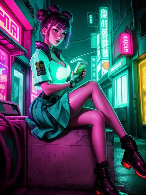 A mesmerizing female cyberpunk street artist, creating a vivid and detailed holographic mural in a neon-lit urban alley, ([Diane Lane|Scarlett Johansson|Kate Upton]:0.8), closeup, Amazing fine detail, glowing eyes, [(colorful explosion psychedelic paint colors:1.21)::0.15], detailed background, round cute face, green eyes, detailed clothes, skinny, shinny glossy skin, subsurface scattering, (gothic:0.8), double bun, bangs, frills, skirt, Nikon D850 film stock photograph Kodak Portra 400 camera f1.6 lens, rich colors, lifelike texture, dramatic lighting, unreal engine, trending on ArtStation, cinestill 800 tungsten