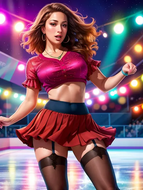 Ashley Graham on the ice rink, wearing a colorful flared short pleated skirt and blouse, colorful stockings, wide hips, best quality masterpiece, photorealistic, detailed, 8k, HDR, shallow depth of field, broad light, high contrast, backlighting, bloom, light sparkles, chromatic aberration, sharp focus, RAW color photo, glare, brilliance, amazing fine detail,detailed face,