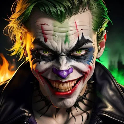Joker,Crazy smile, Evil grimace, High detail, Cinematic image, Toxic green hair, Detailed teeth, Blood-colored gums, Bloody mouth, Crazy stare, Evil stare, Wiry, Vignette, Dark background, Flames in the background, HDR, 4K textures