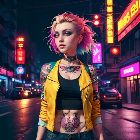 Biker girl with [green: 25] eyes, [blonde: 20] hair, body piercings, verism style, vibrant neon,hyperrealistic, digital art, detailed, masterpiece,  colorful tanktop, [black: 20] jacket, in a [cyberpunk highway | mountain range]