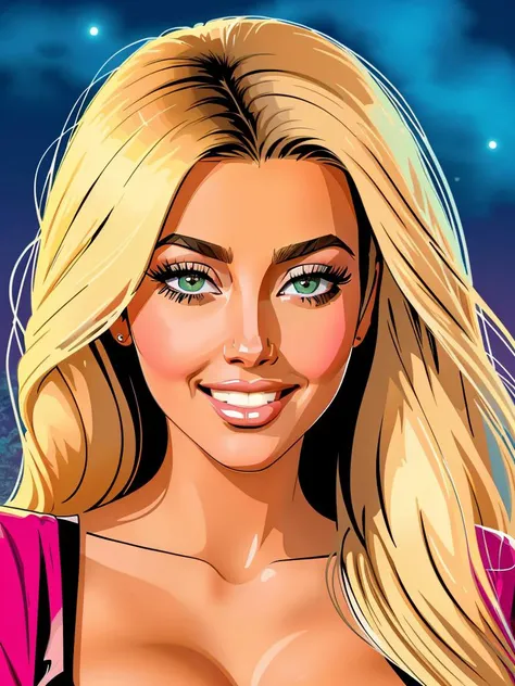 (gouache:0.8), (vector:1.4), smirk, a Kim Kardashian|Brigitte Bardot|amber heard, closeup, ultra sharpness,park, night, breeze, smile, gorgeous dress, detailed clothes, muted colors