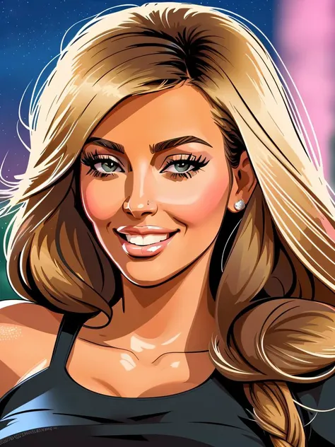 (gouache:0.8), (vector:1.4), smirk, a Kim Kardashian|Brigitte Bardot, closeup, ultra sharpness,park, night, breeze, smile, gorgeous dress, detailed clothes, muted colors
