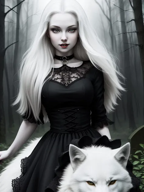 female vampire|albino,pale porcelain skin, vintage black dress, smile, ((riding a wolf)), shallow depth of field, sadistic, nightfall, detailed face, night,wide hips,narrow waist,detailed eyes, portrait of woman standing,8k RAW photo, highest quality, (looking at the viewer:1.3), best shadow, intricate details, (bold hair:1.3),(bright eyes),forest, grave,gothic,goth,(thunder-storm:1.2),((intricate details)), detailed eyes, (hdr:1,2), ((intricate details, hyperdetailed)),
