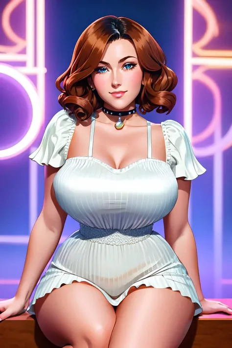 highly detailed woman, FreckledVixon, <lora:FreckledVixon2:1>, ,  Crimson, with modern style, radiant light, unreal engine, wearing Smocked dress, Short silver wavy pixie hairstyle , blue eyes, Vintage 90's anime style,A classic, vintage French patisserie with delectable pastries, by hajime sorayama, greg tocchini, virgil finlay, sci-fi, colors, line art.
