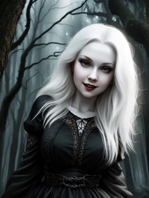 female vampire|albino,pale porcelain skin, vintage black dress, smile, ((riding a big wolf)), shallow depth of field, sadistic, nightfall, detailed face, night,wide hips,narrow waist,detailed eyes, portrait of woman standing,8k RAW photo, highest quality, (looking at the viewer:1.3), best shadow, intricate details, (bold hair:1.3),(bright eyes),forest, grave,gothic,goth,(thunder-storm:1.2),((intricate details)), detailed eyes, (hdr:1,2), ((intricate details, hyperdetailed)),