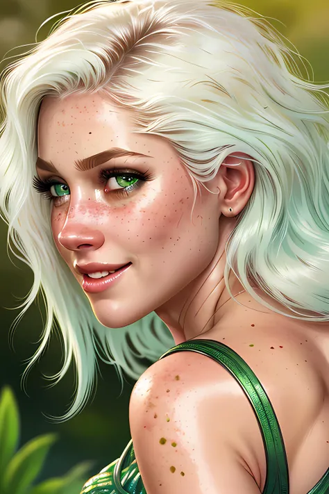 best quality, ultra realistic, 8k, golden ratio, Intricate, High Detail, film photography, ((photorealistic)), girl, detailed green eyes, long curle white hair, ((detailed face)), freckles, (((((look back))))), smile, cry