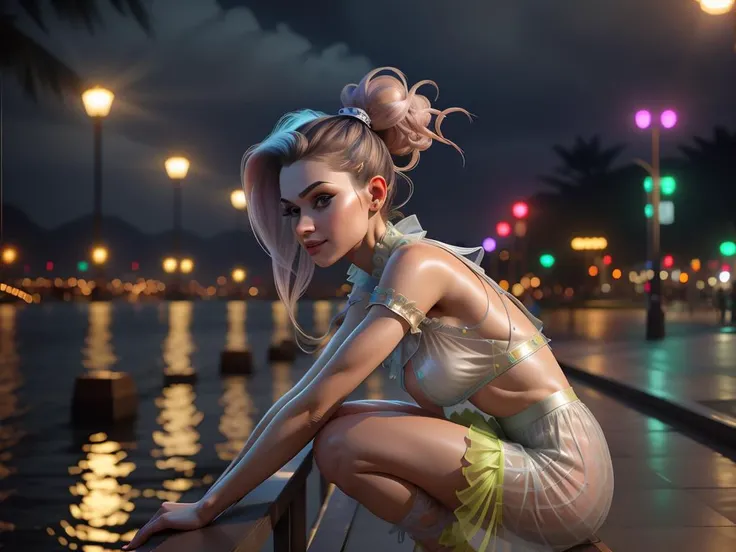 (8k, masterpiece:1.2), Night view of lakeside promenade, neon night lights, a supermodel woman, wearing (retroreflective) loose blouse and (retroreflective) loose skirt, detailed cloth folds, weird future fashion <lora:weird future fashion_v4:1>, wiry hair ribbons, extremely luminous hair, detailed face, model photoshoot style, very long hair, side shaved hairstyle, intricate, elegant, hdr, backlighting, rim lighting, realism, ambient occlusion, (hyperrealism), crouching, looking up, leaning back, detailed toned body, smirking, best quality, (best quality:1.0), close up