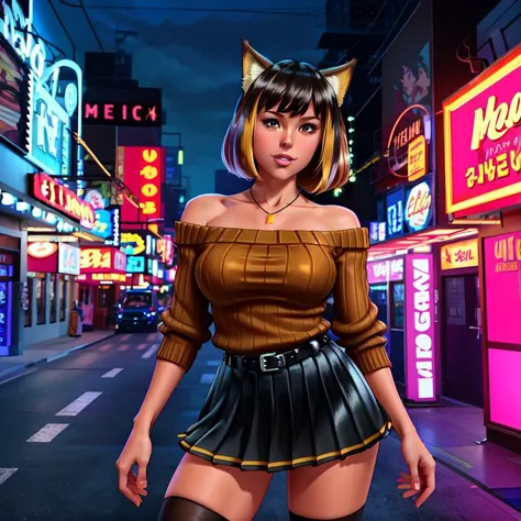 flashing naked pussy, (presenting pussy:1.3), Vintage 90's anime style, ((masterpiece, best quality)),(complex lighting) ,full body, solo, woman, HHUD, <lora:HUD3:0.9>, curvy, hmnc1, animal ears, tail, dark skin, multicolored hair, black thighhighs, off-shoulder sweater, pleated skirt, black skirt, jewelry, necklace, ribbed sweater, collarbone, <lora:nekoyo_chloe_v1:0.7>, cowboy shot, looking over one shoulder, A futuristic place full of cables with lots of neon lights and led lighting , wearing high-heel sandals ,:q , highly detailed face, An abandoned, decaying amusement park with rusted rides and overgrown vegetation , by hajime sorayama, greg tocchini, virgil finlay, with modern style, radiant light, unreal engine