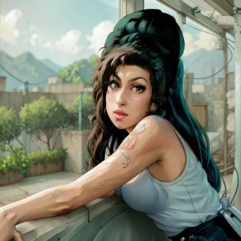 90s anime style, AW, <lora:AW:0.8>,Amy WInehouse, looking over one shoulder, An old place full of cracks, misplaced things and broken pieces , wearing cut-out heels ,guilty , highly detailed face, A tranquil, foggy moor with heather-covered hills and a sense of mystery , by hajime sorayama, greg tocchini, virgil finlay, with modern style, radiant light, unreal engine