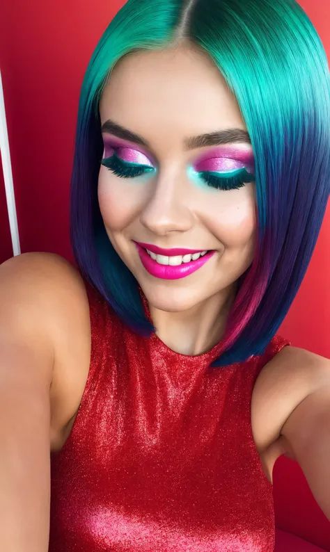 photorealistic, ultra realistic, glowing cyan hair, closed eyes, 
([Mila Kunis|Emily Blunt|Ariana Grande]:0.9), 21 year old woman, 
sparkling starburst green eyes, red theme, eyeshadow, mascara, plush lips, pink lipstick, 
smile, straight white teeth, realistic skin texture, skin pores, shiny skin, selfie, red dress, 
photo shoot, red background, alluring, attractive, amazing photograph, masterpiece, best quality,