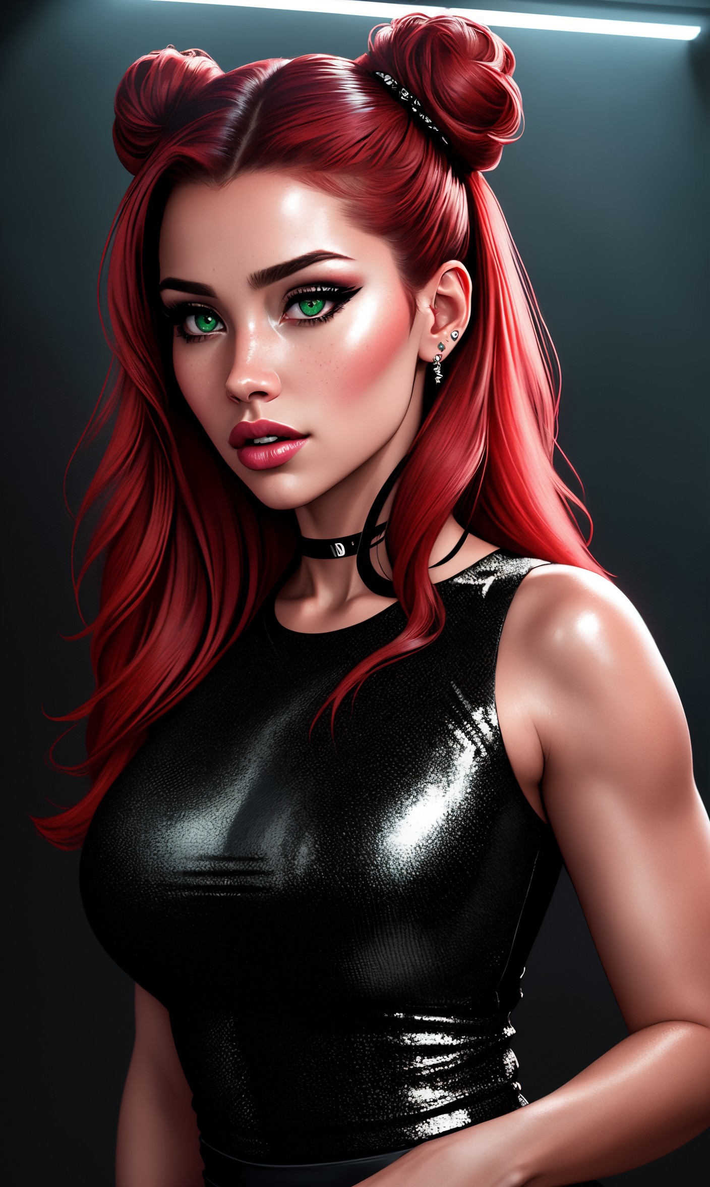 A woman with red hair and green eyes in a black dress - SeaArt AI