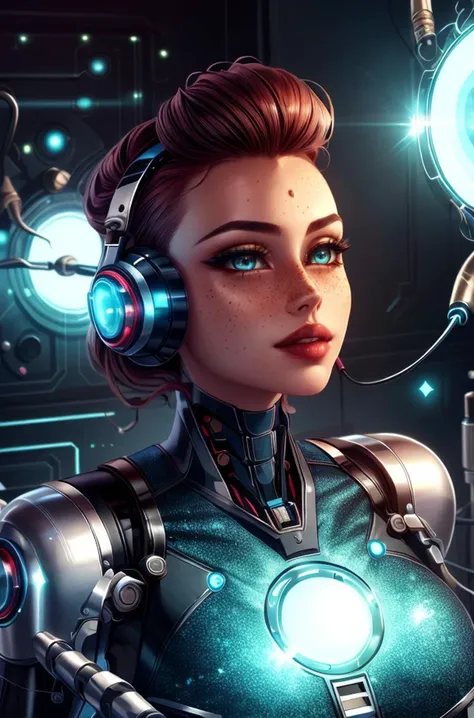 (best quality, masterpiece:1.2) , 1 girl, adult polish woman, freckles, turquoise eyes, dark red straight hair, ombre, solo, upper body, looking up, detailed background, detailed face, (<lora:ChromeTech:0.6>, chrome, metallic, chrometech theme:1.1), android, biomechanical limbs, mechanical eyes, wires, walking, sleek design, augmented reality, digital implants, circuits, robotics, gears, techwear, powered by solar energy, holograms, bioluminescent parts, reflections, computer screens in background, cinematic atmosphere, <lora:add_detail:0.7>