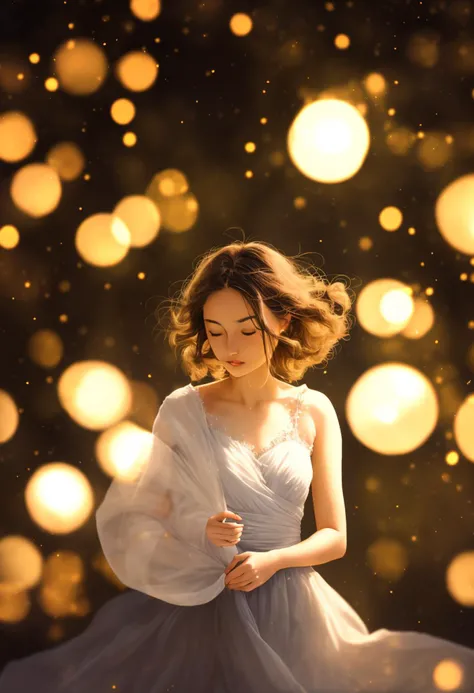 [upside down lightbulb :  elegant woman bending light , long flowering slack , fast  shutter speed, natural proportions, duo tone, depth of field :3]