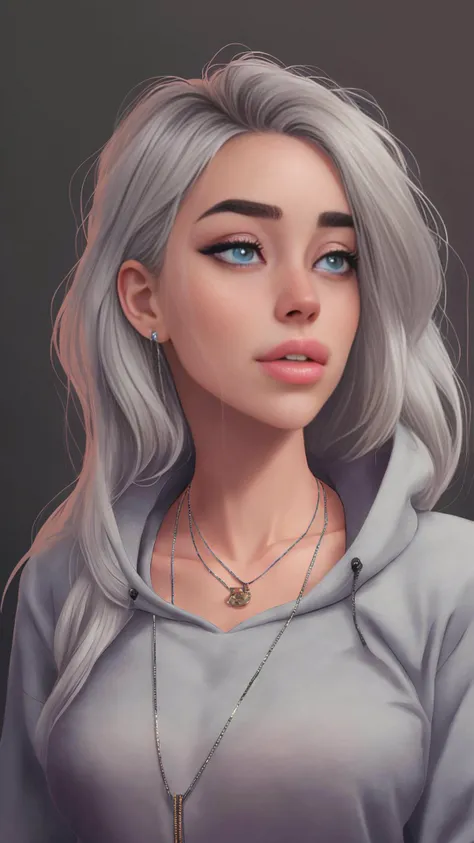 mdjrny-v4 style, redshift style, glossy, analog style, Realistic, 1girl, sfw, medium portrait of adult (Billie Eilish), dark background, gray hair, beautiful, adult, high-quality, gray blue eyes, freckles, no teeth, eyes half closed, sleepy eyes, oversized shirt, big silver necklaces, waist shot, round nose, jewelry, long_hair, looking_at_viewer, necklace, nose, realistic, ring, solo, upper_body, oversized clothes, vibrant colors, masterpiece, perfect eyes, perfect anatomy, detailed face, detailed facial features, highly detailed face, soft lightig, realistic lips, big eyebrows, hoodie