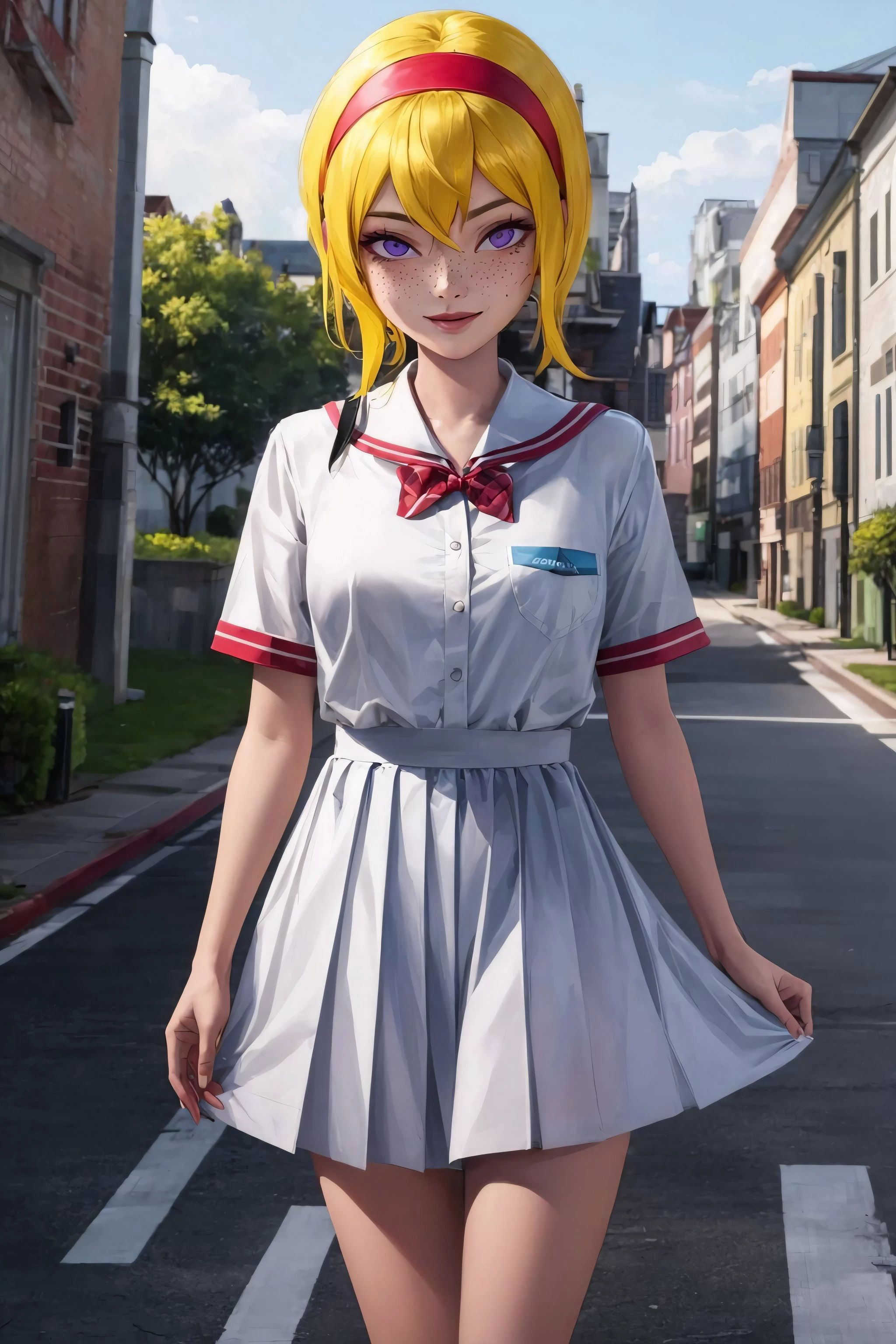 (masterpiece, vibrant colors, high quality, 64k, uhd, extremely detailed, extremely intricate, professional)
BREAK
<lora:LucyMann1.0:1.0>Lucy Mann, yellow hair, purple eyes, freckles,1girl, red headband, smirk, \school uniform,
BREAK
school gate, outdoors,