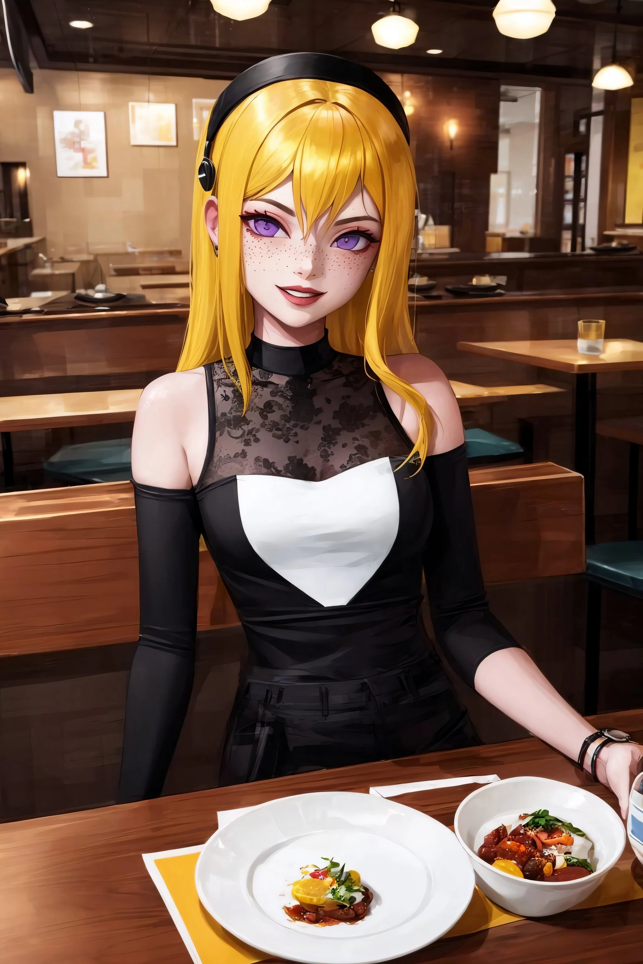 (masterpiece, vibrant colors, high quality, 64k, uhd, extremely detailed, extremely intricate, professional)
BREAK
<lora:LucyMann1.0:1.0>Lucy Mann, yellow hair, purple eyes, freckles,1girl, smirk, sitting, restaurant, fancy restaurant, fancy dress
BREAK
indoors, restaurant, fancy restaurant