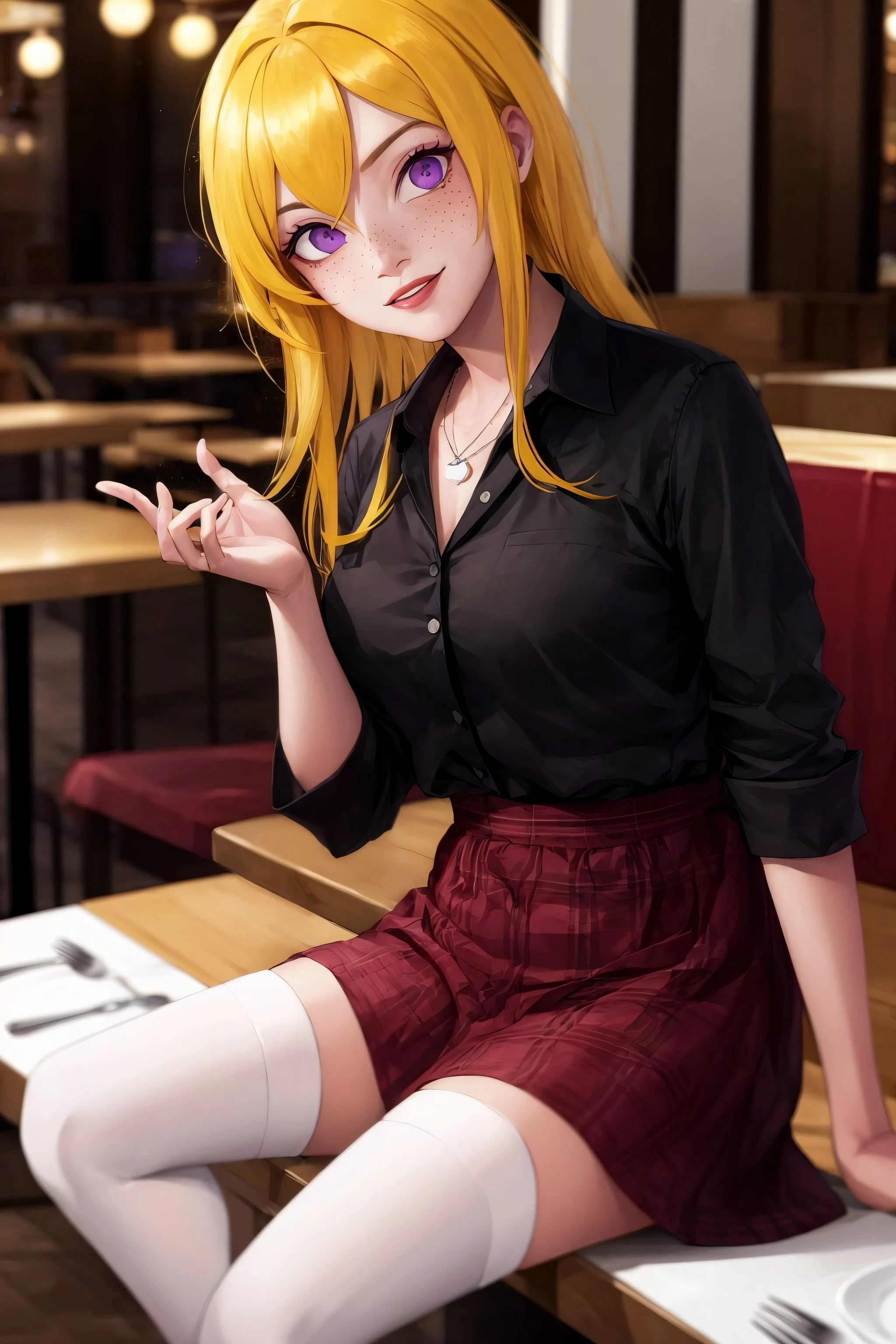 (masterpiece, vibrant colors, high quality, 64k, uhd, extremely detailed, extremely intricate, professional)
BREAK
<lora:LucyMann1.0:1.0>Lucy Mann, yellow hair, purple eyes, freckles,1girl, smirk, sitting, restaurant, fancy restaurant, fancy dress
BREAK
indoors, restaurant, fancy restaurant