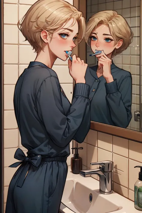 side view, brushing teeth, reflection, mirror, holding a toothbrush, sink, tile wall, bathroom, high quality, masterpiece, <lora:girllikebrushteeth:.8>
epsmsailoruranus, short blonde hair, blue eyes, blue pajamas, long sleeves, blush, <lora:EPsmSailorUranus:.8>