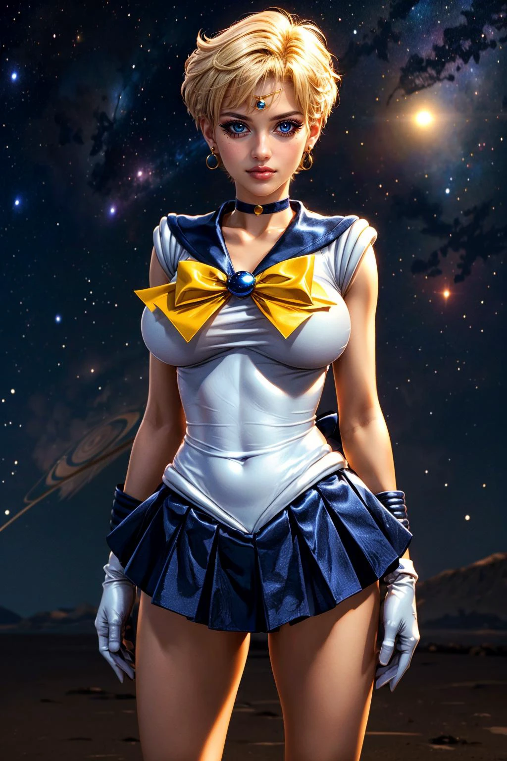 (ultra realistic,32k, masterpiece:1.2),(high detailed skin:1.1),( high quality:1.1),
<lora:EPsmSailorUranus:0.8>1girl,(happy:1.1), solo, EPsmSailorUranus, short hair, blonde hair, blue eyes, bishoujo senshi sailor moon, blue choker, blue sailor collar, blue skirt, bow, choker, earrings, gloves, highres, jewelry, outer senshi, sailor collar, sailor senshi, skirt, , solo, very short hair, white gloves, yellow bow, galaxy (planet uranus:1.2) in background,, (looking at viewer, standing, from below:1.1),,(huge breast,large breast:1.1),<lora:add_detail:0.76>,
(dynamic lighting:1.1),
