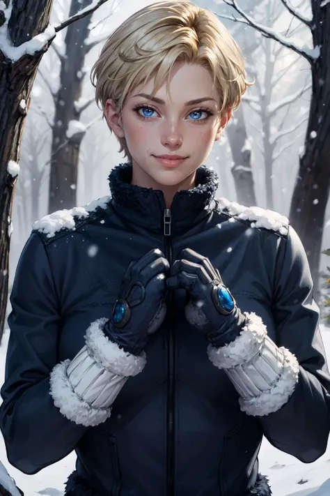 (masterpiece, best quality, 4k, detailed, intricate, realistic),outside,snowing,dappled sunlight,pine trees,upper body,1girl,epsmsailoruranus,short hair,blonde hair,blue eyes,fur coat,long sleeves,((mittens,hands to heart)),smile <lora:EPsmSailorUranus:0.8>