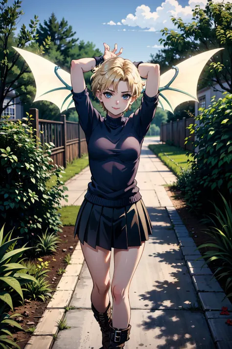 masterpiece, highres, absurdres, high quality,best quality, 1girl, solo, looking at viewer, outside, garden, panorama,light smile, arms up,<lora:EPsmSailorUranus-09:0.7>, EPsmSailorUranus, short hair, blonde hair, blue eyes
BREAK
sky blue sweater, checked skirt, drawers, wings, platform boots