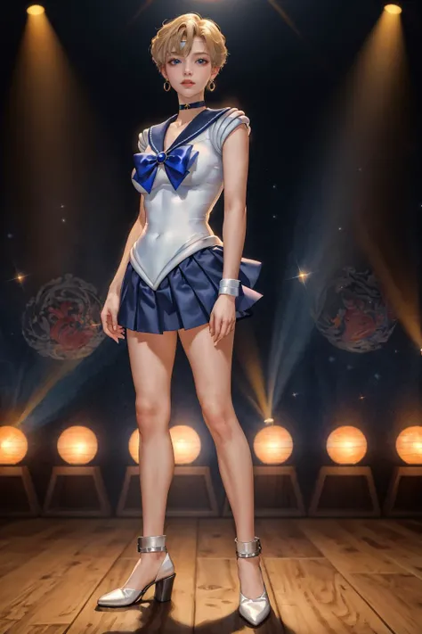 highres,absurdres,masterpiece,best quality,original,extremely detailed CG,extremely detailed wallpaper,perfect lighting,looking at viewer,bare hands,standing on stage,1girl,blurry background,
<lora:EPsmSailorUranus:0.7>, EPsmSailorUranus,bishoujo senshi sailor moon,blue choker,blue sailor collar,blue skirt,choker,earrings,white gloves,outer senshi,sailor collar,sailor senshi,yellow bow,