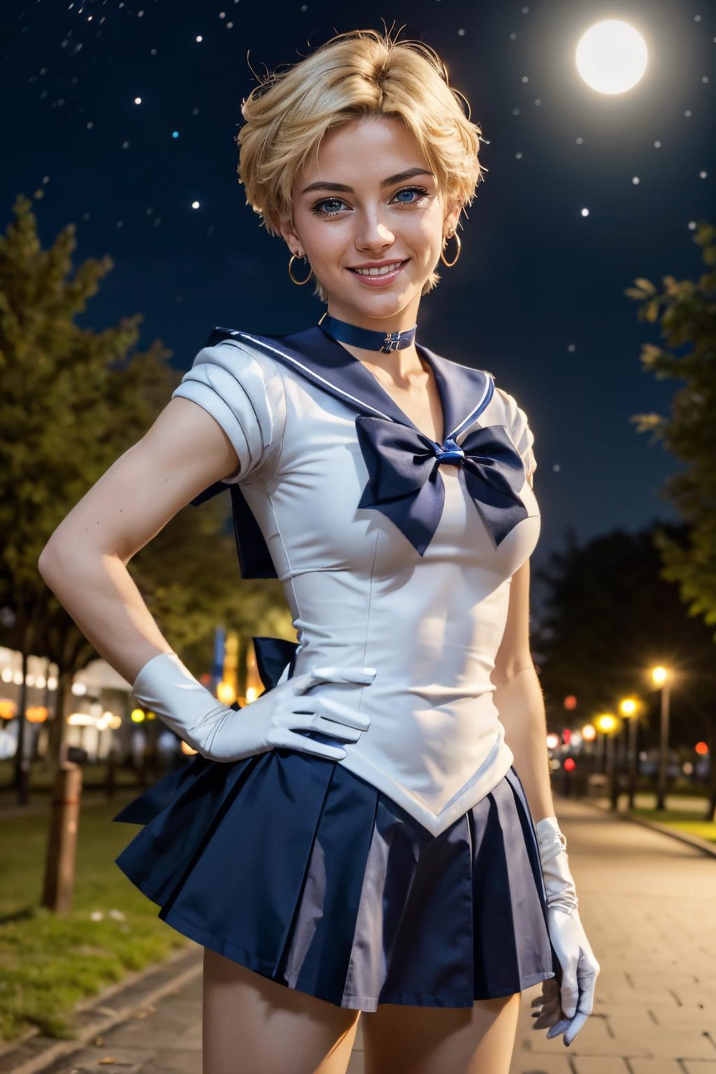 Sailor girl posing for a picture in a park at night - SeaArt AI