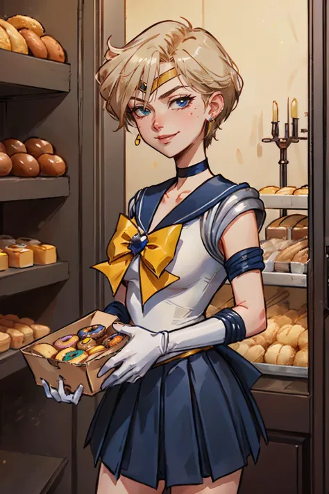 EPsmSailorUranus, short blonde hair, blue eyes, choker, earrings, blue sailor senshi uniform, yellow bow, blue skirt, white elbow gloves, looking at viewer, serious, smiling, standing, inside bakery, counter, holding box of donuts, sprinkles, high quality, masterpiece