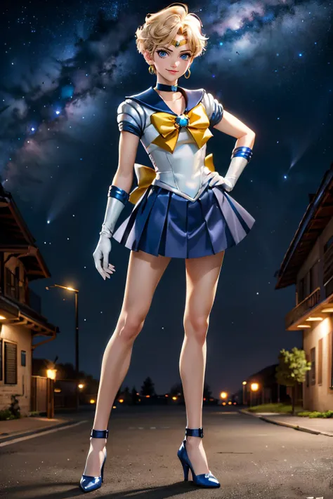 EPsmSailorUranus, short blonde hair, blue eyes, circlet, choker, earrings, blue sailor senshi uniform, white elbow gloves, yellow bow, blue skirt, blue heels, looking at viewer, smiling, full body shot, standing, outside, park, trees, night time, stars, high quality, masterpiece, <lora:EPsmSailorUranus:.8>