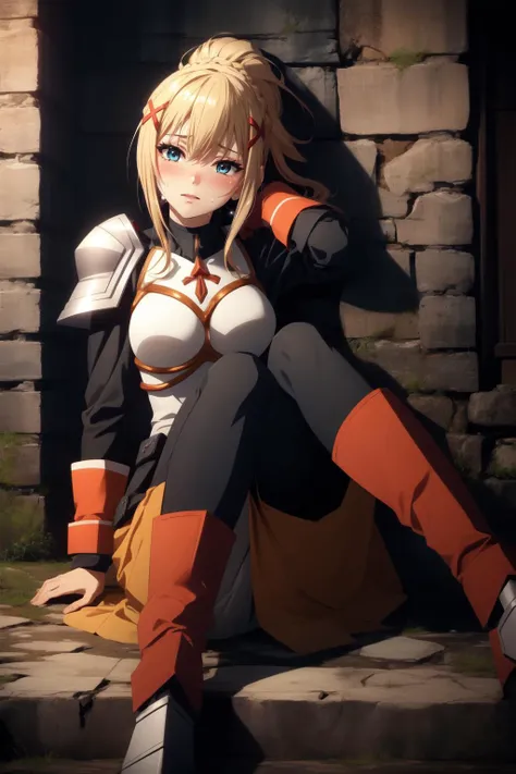 (masterpiece, best quality),  intricate details,
1girl,   <lora:Lalatina - Konosuba v1:0.8> lalatina, blonde hair, ponytail, x hair ornament, blue eyes, armor, pauldrons, breastplate, bracers, faulds, orange battleskirt, pelvic curtain, armored boots, bodysuit, black bodysuit + orange battleskirt
sweating, boob sweat, blushing,
outdoors, ground, battle, blood, dirty, scuffed,