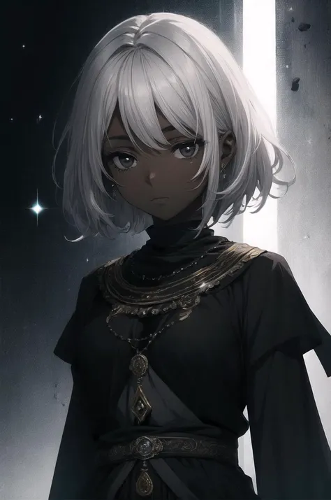 A 19-year-old girl with short white hair, bangs, and golden eyes. She wears a black cross necklace and is wearing a nun's robe.   And has an emotionless and Has a beautiful face  And have a little bit big breasts.