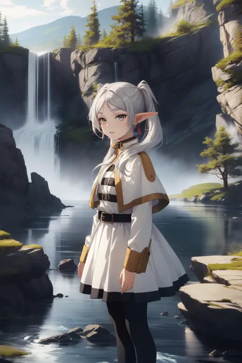 (masterpiece, best quality), intricate details,
1girl, <lora:CHAR-Frieren:0.8> Frieren, twintails, earrings, silver hair, pointed ears,
Frieren, twintails, earrings, FrierenBase, twintails, earrings, white capelet, striped shirt, white skirt, long sleeves, belt, black pantyhose,
outdoors, river, rocks, waterfall,