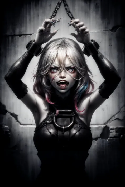 <lora:briar-10:0.8> briar, bare shoulders, hair between eyes, fingernails, long hair, grey skin, colored skin, multi colored hair, arms up, jail, chained, handcuffs, open mouth, (fangs, angry, ruins, rustic background), photodromm, erotic, large breasts, hyperrealistic art, extremely high-resolution details, photographic, realism pushed to extreme, fine texture, incredibly lifelike, <lora:more_details:0.5>