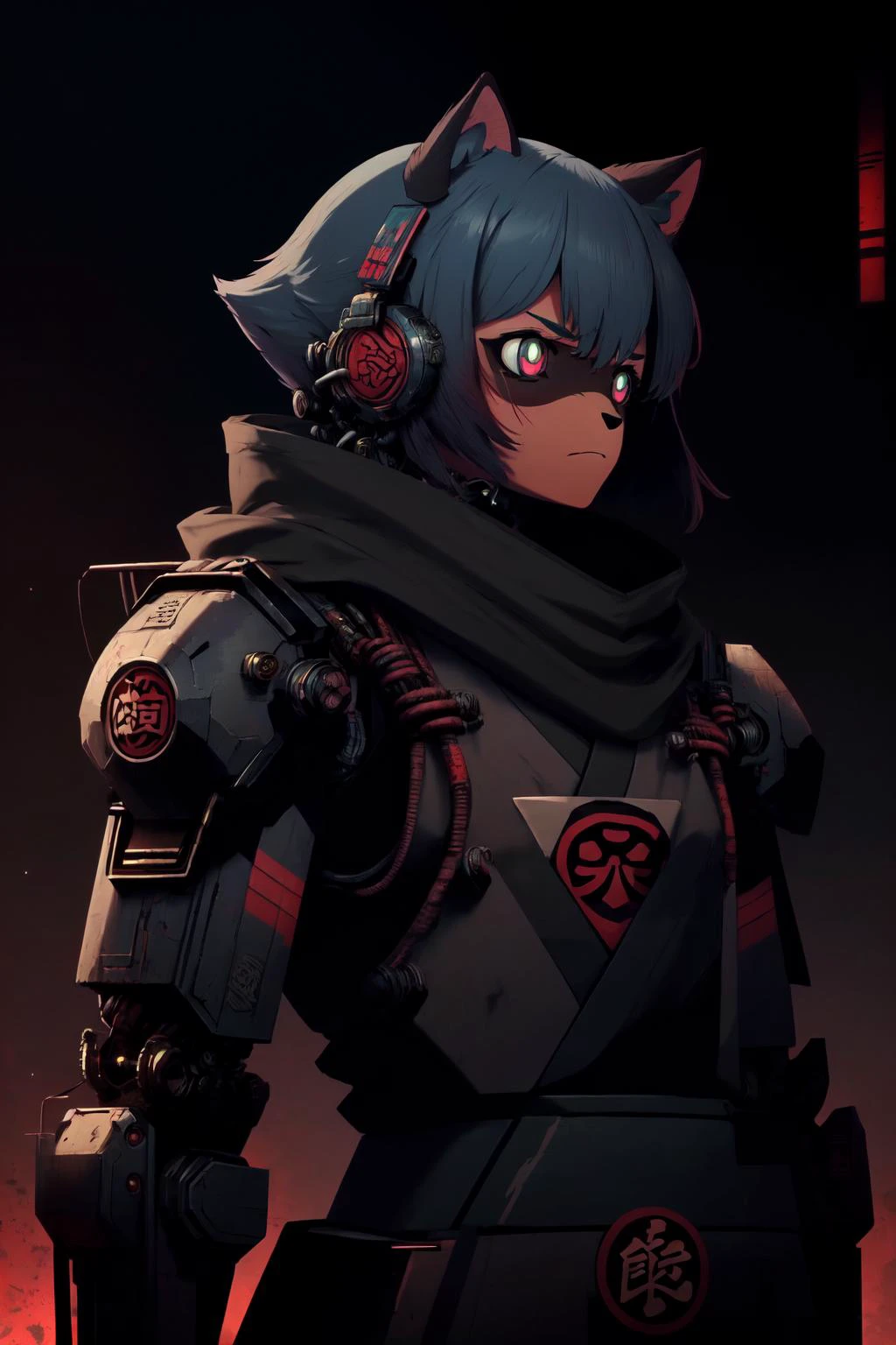 best quality, 1girl, raccoon girl, solo, furry, furry female, michiru_kagemori, long hair, blue hair, multicolored eyes, animal nose, triangle shaped nose, animal ears, (tail), bushy tail, two tone skin, brown colored hands <lora:MichiruV2.1:1>, serious, frown, dark background, looking away, glowing lights, glowing, shinobitech, scifi, shinobi, bulky metal, (cyberpunk:1.1), metal armor, thick armor, mechanical arms, cyborg, mechanical jaw, upper body, cables, <lora:ShinobiTech:1>