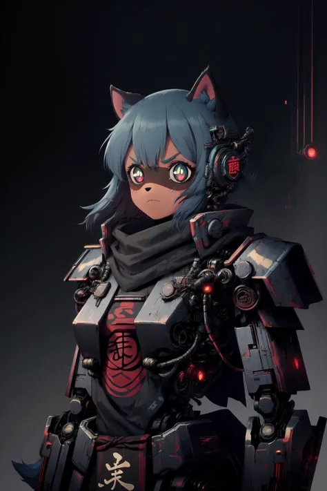 best quality, 1girl, raccoon girl, solo, furry, furry female, michiru_kagemori, long hair, blue hair, multicolored eyes, animal nose, triangle shaped nose, animal ears, (tail), bushy tail, two tone skin, brown colored hands <lora:MichiruV2.1:1>, serious, frown, dark background, looking at viewer, simple background, glowing lights, glowing, shinobitech, scifi, shinobi, bulky metal, (cyberpunk:1.1), metal armor, thick armor, mechanical arms, cyborg, mechanical jaw, upper body, cables, <lora:ShinobiTech:1>