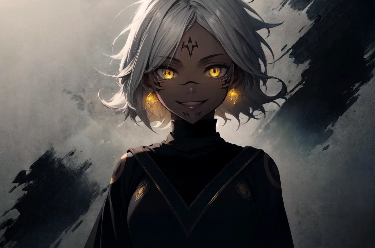 (1girl), (on all four), solo, masterpiece, best quality, (dark skin, dark-skinned female), short hair, messy hair, (white hair), yellow eyes, glowing eyes, medium breasts, black and white tunic, long tunic, ancient outfit, ancient jewels, tunic, looking at viewer, 4 eyes, sukunatattoo, <lora:concept_sukunatattoo:1>, power aura, yellow aura, magic aura, dark background, facing viewer, (seductive smile)