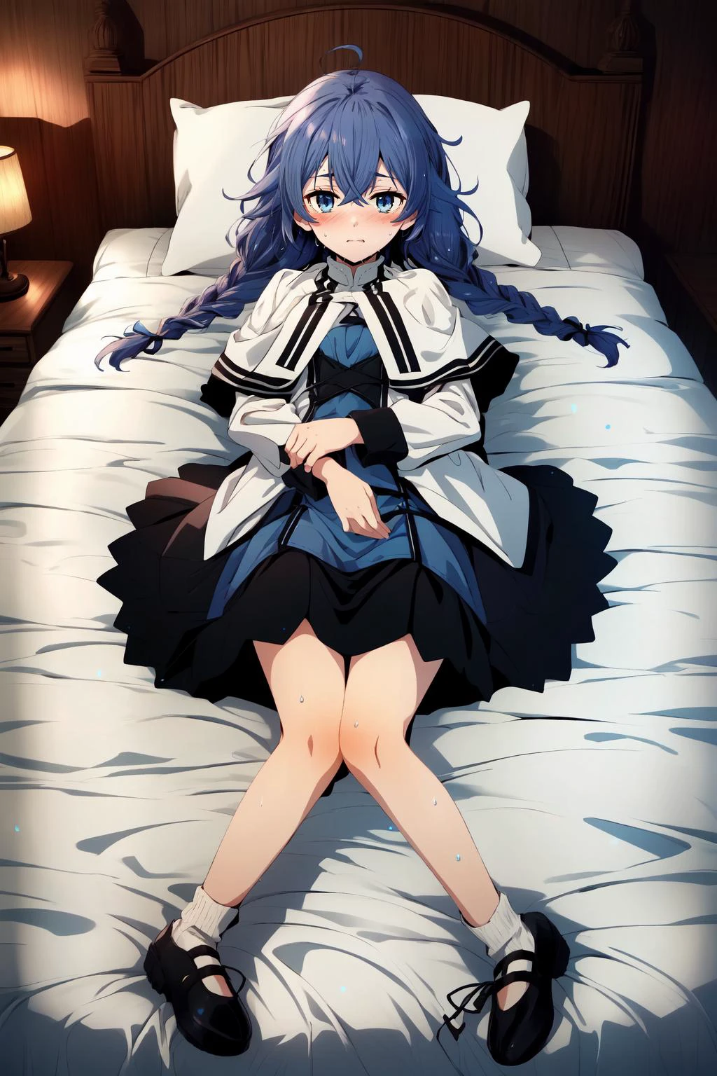 (masterpiece, best quality), intricate details,
1girl, <lora:RoxyMigurdiaNDV-10:0.8> RoxyMigurdiaNDV, 1girl, blue hair, blue eyes, small breasts, long hair, hair between eyes, twin braids, capelet, white dress, witch hat
sweating, boob sweat, blushing,
laying on bed, bedroom, from above,