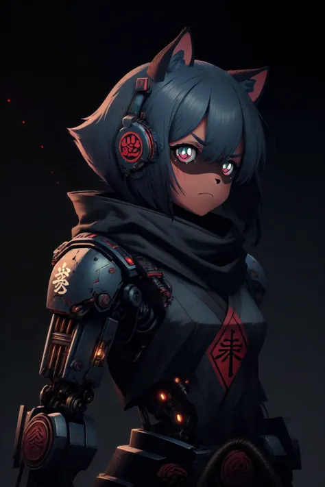 best quality, 1girl, raccoon girl, solo, furry, furry female, michiru_kagemori, long hair, blue hair, multicolored eyes, animal nose, triangle shaped nose, animal ears, (tail), bushy tail, two tone skin, brown colored hands <lora:MichiruV2.1:1>, serious, frown, dark background, looking at viewer, simple background, glowing lights, glowing, shinobitech, scifi, shinobi, bulky metal, (cyberpunk:1.1), metal armor, thick armor, mechanical arms, cyborg, mechanical jaw, upper body, cables, <lora:ShinobiTech:1>