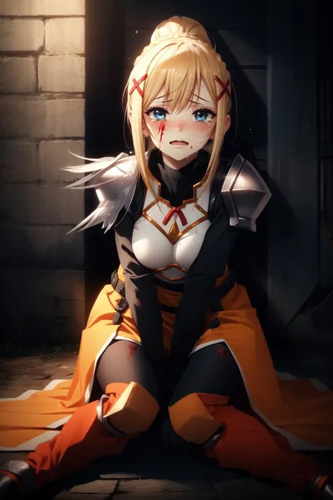 (masterpiece, best quality), intricate details,
1girl, <lora:Lalatina - Konosuba v1:0.8> lalatina, blonde hair, ponytail, x hair ornament, blue eyes, armor, pauldrons, breastplate, bracers, faulds, orange battleskirt, pelvic curtain, armored boots, bodysuit, black bodysuit + orange battleskirt
sweating, boob sweat, blushing,
outdoors, ground, battle, blood, dirty, scuffed, crying, tears, night, sitting,