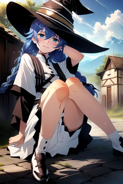 (masterpiece, best quality), intricate details,
1girl, <lora:RoxyMigurdiaNDV-10:0.8> RoxyMigurdiaNDV, 1girl, blue hair, blue eyes, small breasts, long hair, hair between eyes, twin braids, capelet, white dress, witch hat
sweating, boob sweat, blushing,
outdoors, village, sitting, crying ,tears, blood on knee,