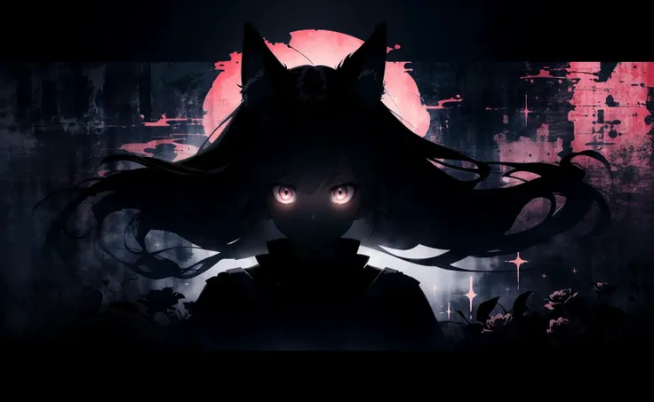 (black silhouette:1.6), solo, 1girl, (outlines:1.3), (jurassic:0.9), flowers, sparkle, gangster clothing, (omni:1.3), art style, banner wallpaper, 1girl, solo, long hair, floating hair, (magenta) electric eyes, glowing eyes, powder pattern, (creative:1.3), fox ears, fluff, plants, luxury, aura, dark theme, (maritime aesthetic background)