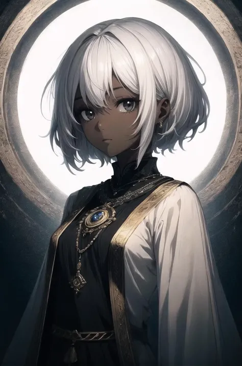 (1girl), solo, masterpiece, best quality, (dark skin, dark-skinned female), short hair, messy hair, (white hair), black eyes, medium breasts, upper body, black and white tunic, long tunic, ancient outfit, ancient jewels, tunic, looking at viewer, white aura, white magic aura, power aura, expressionless, looking at viewer, dark background