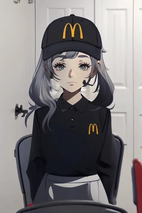 (masterpiece, best quality),  intricate details,
1girl,  <lora:CHAR-Frieren:0.8> Frieren, twintails, earrings,  silver hair, sitting, 
<lora:concept_sadlinus-17:1> sadlinus, chair, headset, indoors  <lora:McDonalds_PFP_Lora:0.8>mcdonald's hat, <lora:McDonaldsUniform:0.8> McDonaldsUniform, shirt, black shirt, uniform,  cap